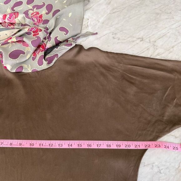 100% silk brown tunic blouse dress attached paisley scarf size L - Picture 6 of 7